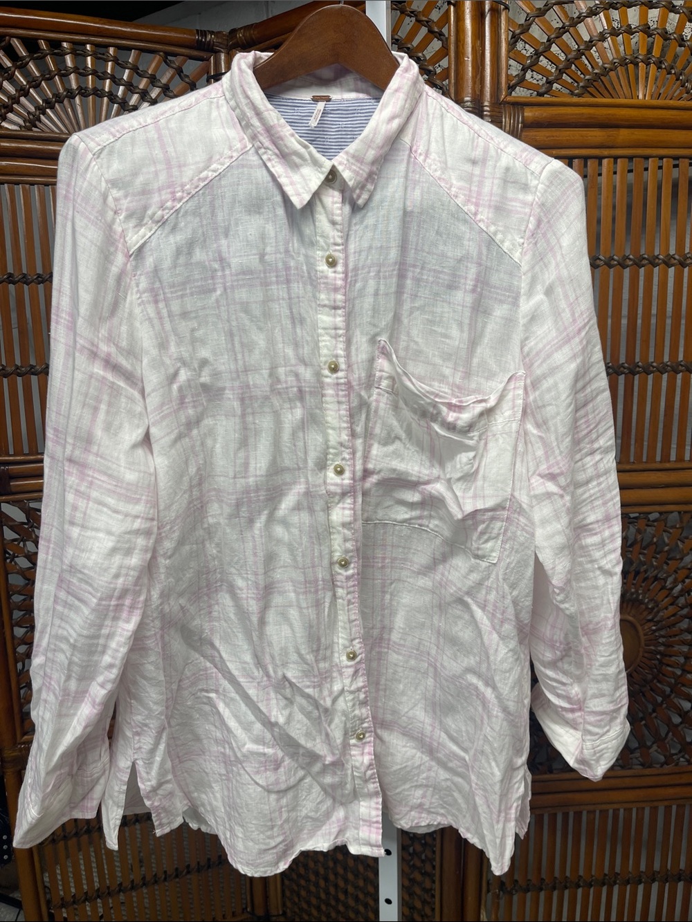 Women's Free People No Limits Oversized Linen Button-Up Shirt Plaid Sz M